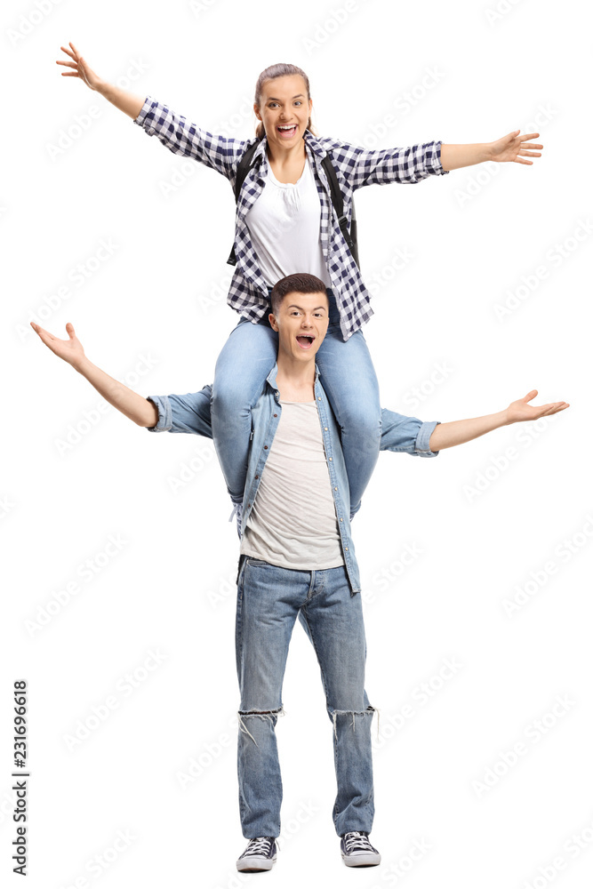 Girl carrying store boy