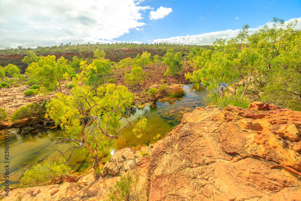Panoramic views of Ross Graham lookout over Murchison River in Kalbarri National Park, Western Australia. The park is famous for the red sandstone rocks, the gorges and formations carved by the river.