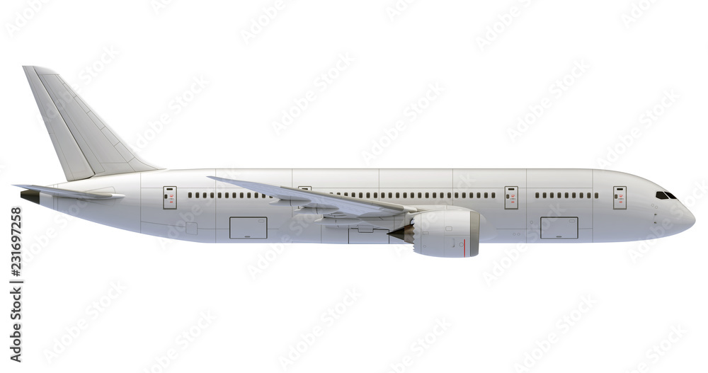 Commercial jet plane. 3D render. Right Side view