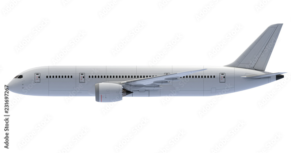 Commercial jet plane. 3D render. Left Side view Commercial jet plane. 3D render. Left Side view
