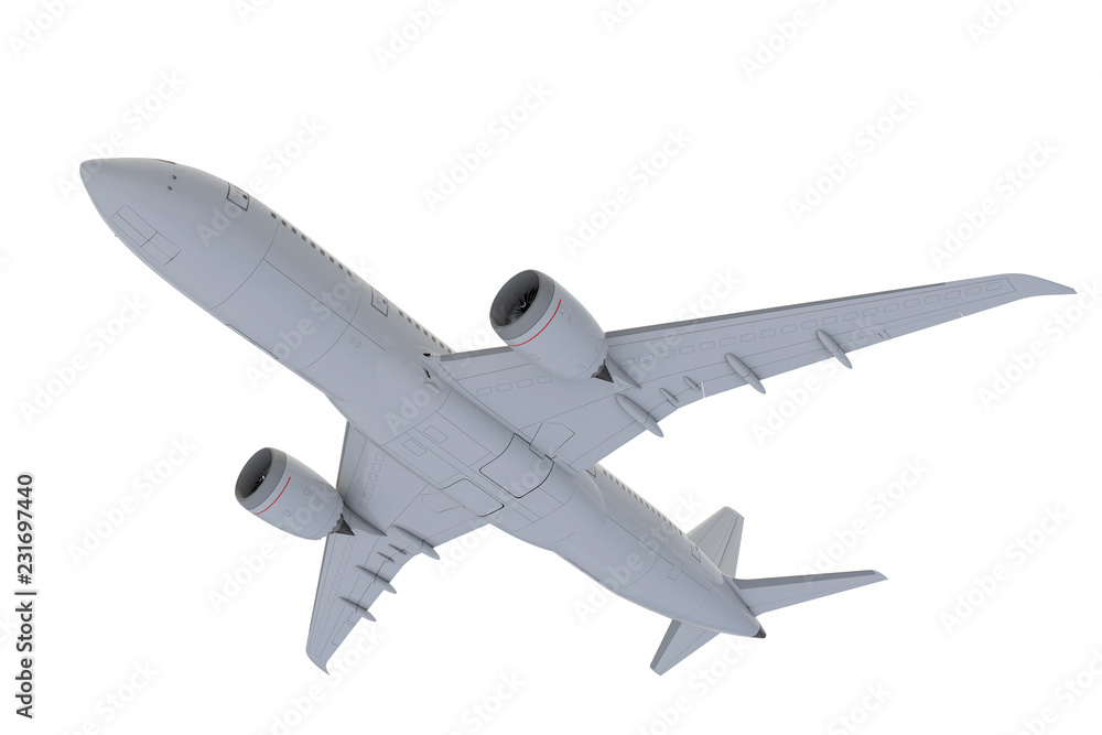 Commercial jet plane. 3D render. Bottom view side view Commercial jet plane. 3D render. Bottom view side view