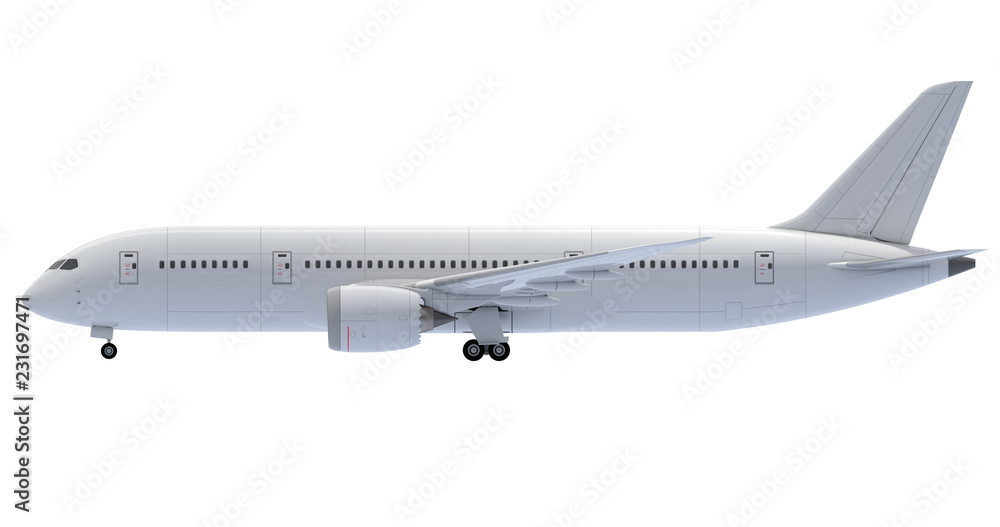 Commercial jet plane. 3D render. Left Side view