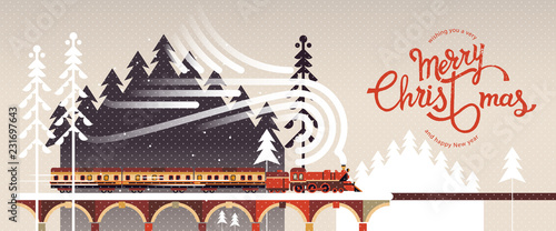 New year and Christmas snowy winter landscape with coniferous forest, pines, train and hand drawn Merry Christmas typography . Celebration quotation for poster, card, postcard, event icon logo or