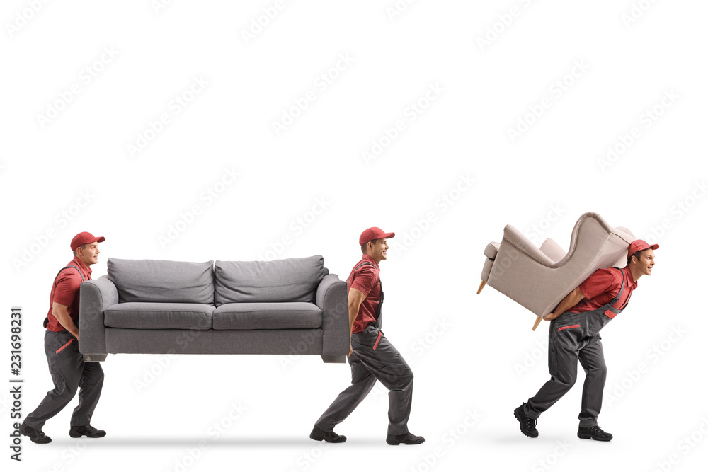 Movers carrying a couch and an armchair - obrazy, fototapety, plakaty 