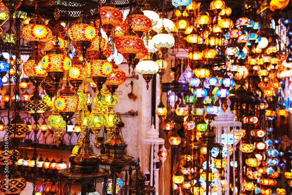 Traditional handmade turkish lamps in souvenir shop.