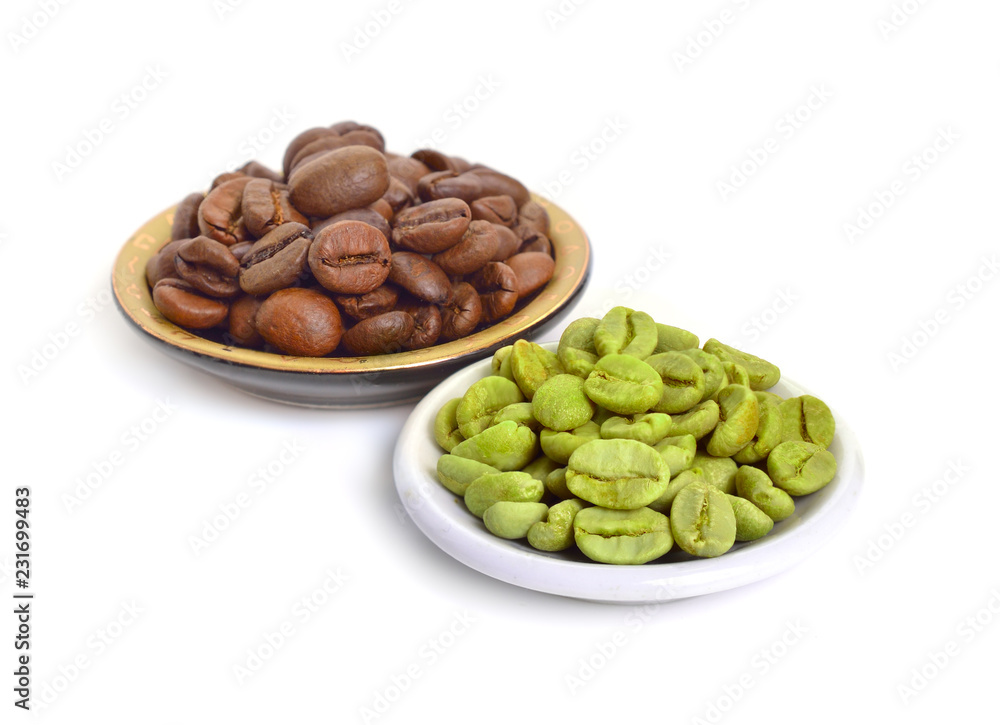Green and roasted coffee beans isolated on white background Green and roasted coffee beans isolated on white background