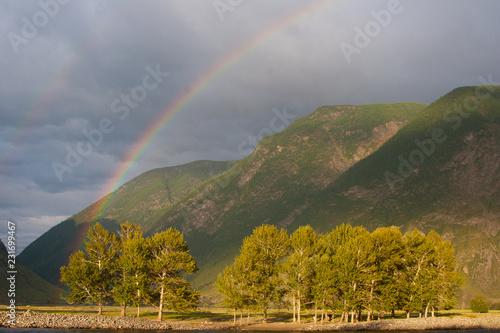 Rainbow in the mountains in the valley Chulyshman. Altai.Russia.Sibir