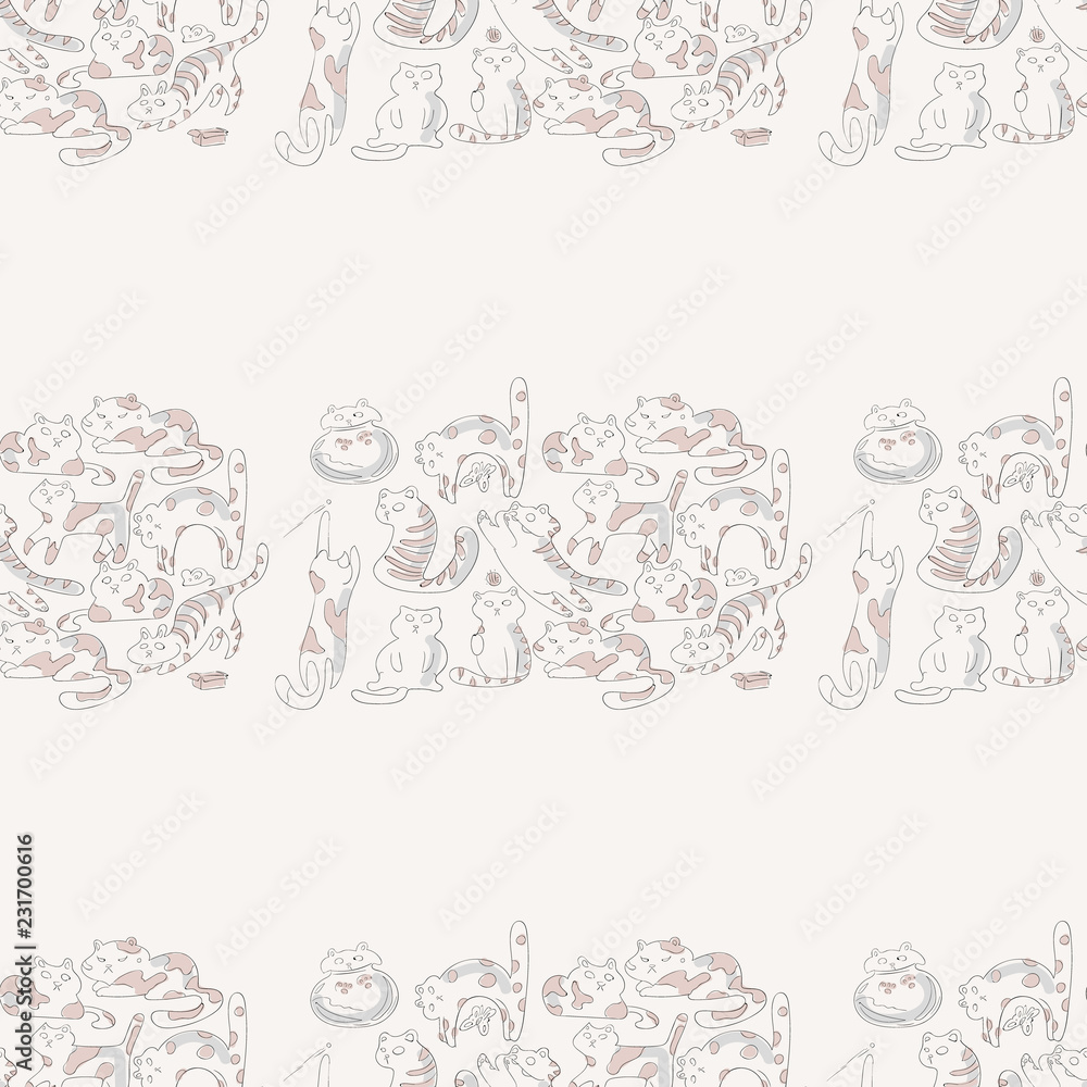 Pattern from the group of playing cats. More than ten cats playing on a fun gift paper pattern Pattern from the group of playing cats. More than ten cats playing on a fun gift paper pattern