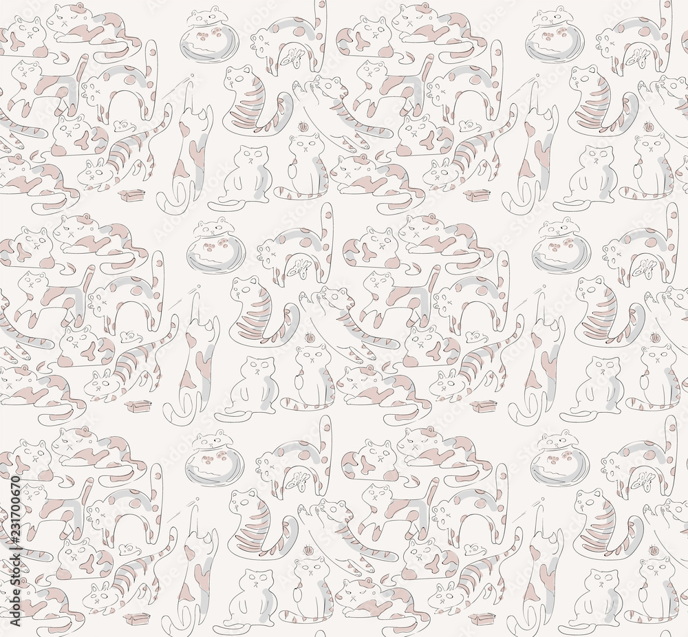 Pattern from the group of playing cats. More than ten cats playing on a fun gift paper pattern