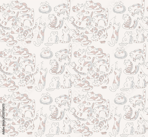 Pattern from the group of playing cats. More than ten cats playing on a fun gift paper pattern