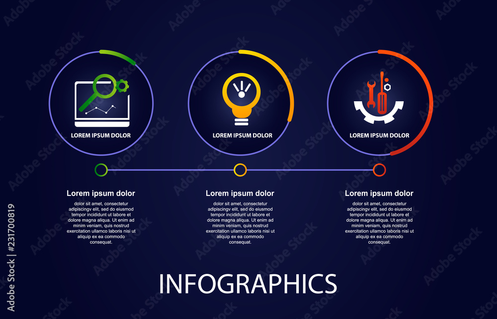 Fototapeta premium Dark vector illustration 3D. Infographic template with thee elements, circles, text and icons. Timeline step by step. Designed for business, presentations, web design, diagrams, training with 3 steps