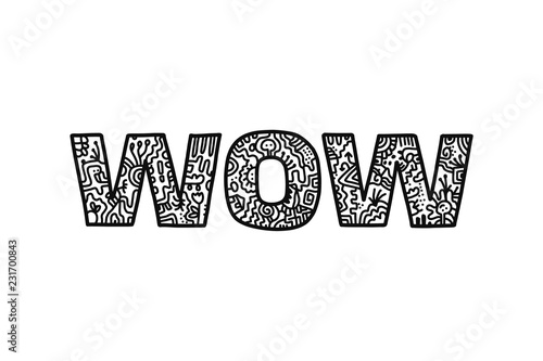 Wow doodle word hand drawn in abstract style black and white