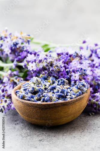 Fototapeta Naklejka Na Ścianę i Meble -  Lavender flowers, bouquet on rustic background, overhead.