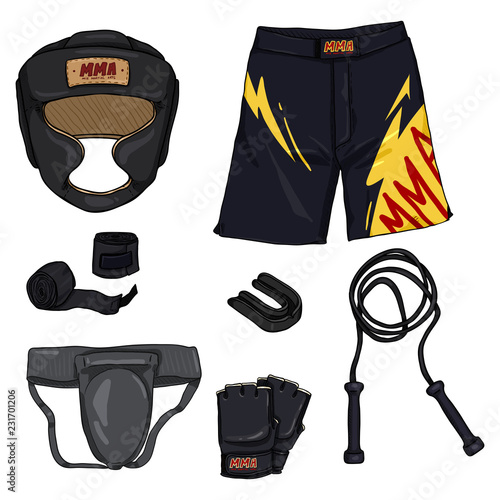 Vector Set of Cartoon MMA Training Equipment. Fightwear Outfit.