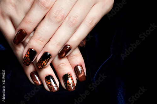 French manicure - beautiful manicured female hands with brown "cat eye" manicure on dark background