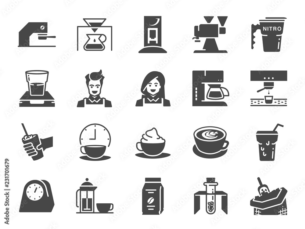 Coffee shop icon set. Included the icons as cafe, espresso, coffee maker, roaster machine, latte art, barista and more. Coffee shop icon set. Included the icons as cafe, espresso, coffee maker, roaster machine, latte art, barista and more.