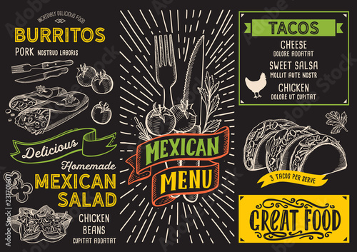 Mexican menu food template for restaurant with doodle hand-drawn graphic.