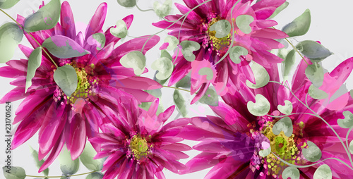 Daisy flowers banner watercolor Vector. Beautiful vintage pastel colors flora...