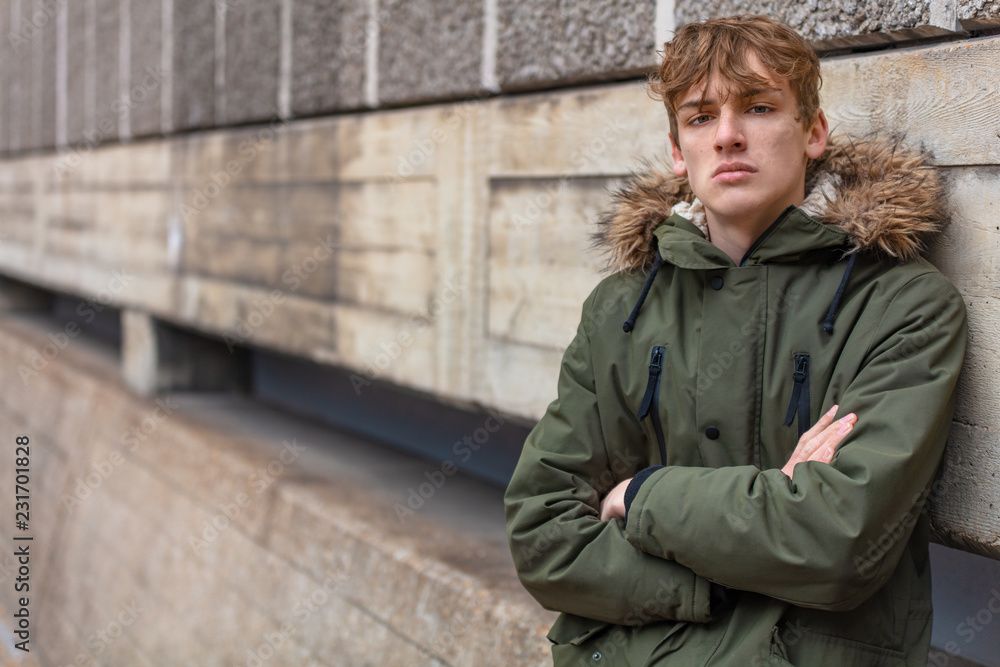 Young Man Male Teenager Boy Wearing Green Parka Young Man Male Teenager Boy Wearing Green Parka