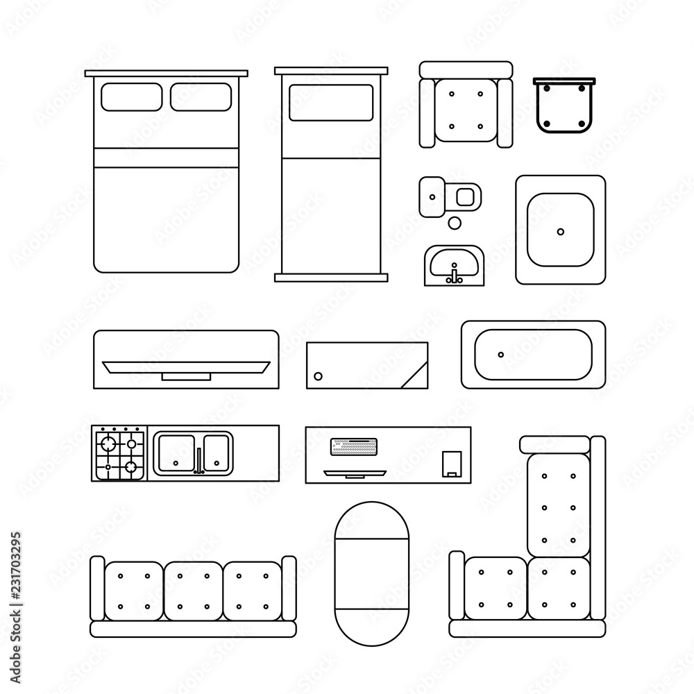 Large set of home furniture, simple black outline icons isolated on white Large set of home furniture, simple black outline icons isolated on white