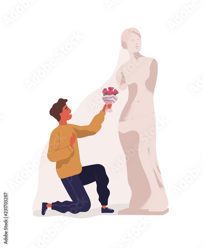 Young man standing on one knee and presenting bouquet of flowers to statue of woman. Concept of idealization of partner, unrequited love, blind affection. Colorful vector illustration in flat style.