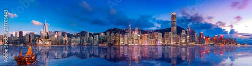 Panorama view of Hong Kong Victoria Harbor in sunset photo