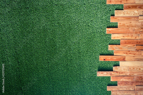 Wooden with green grass background