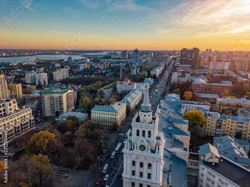 Evening Voronezh. Sunset. South-East Railway Administration Building and Revolution prospect. Aerial view from drone