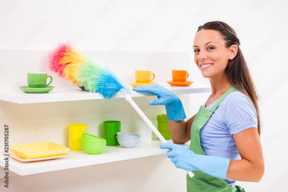 Young happy woman is cleaning the kitchen. Young happy woman is cleaning the kitchen.