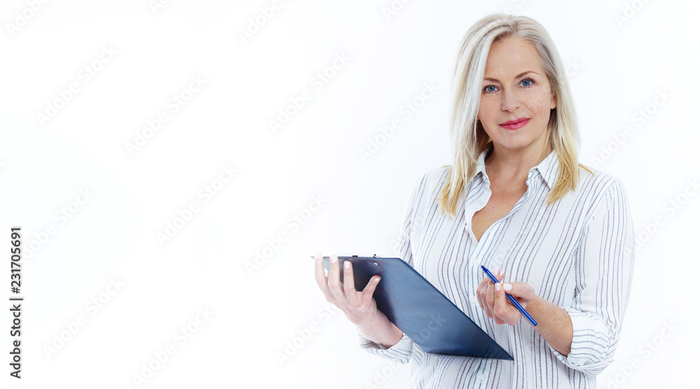Business woman in white shirt holds pen and folder with files isolated on white background Business woman in white shirt holds pen and folder with files isolated on white background