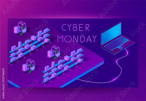 Cyber monday sale web technical banner. Isometric vector illustration. 