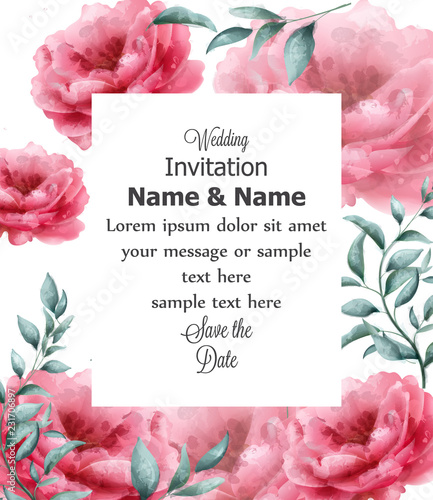 Wedding invitation card with spring flowers banner watercolor Vector. Beautif...
