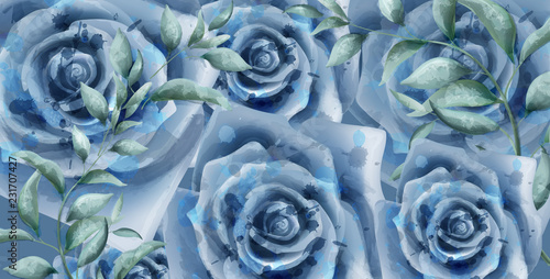 Blue roses watercolor Vector banner. Beautiful vintage pastel colors floral d...