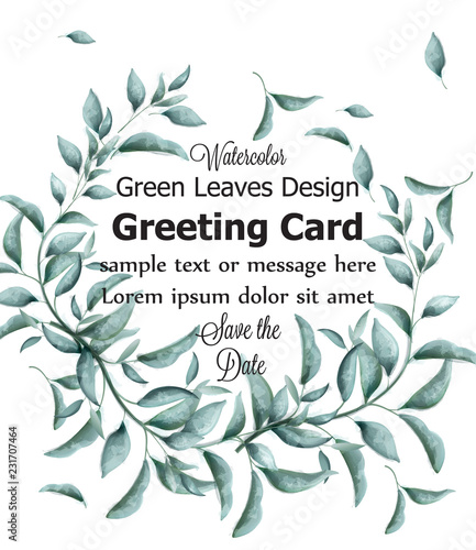 Greeting card with green branches watercolor Vector. Beautiful vintage pastel...