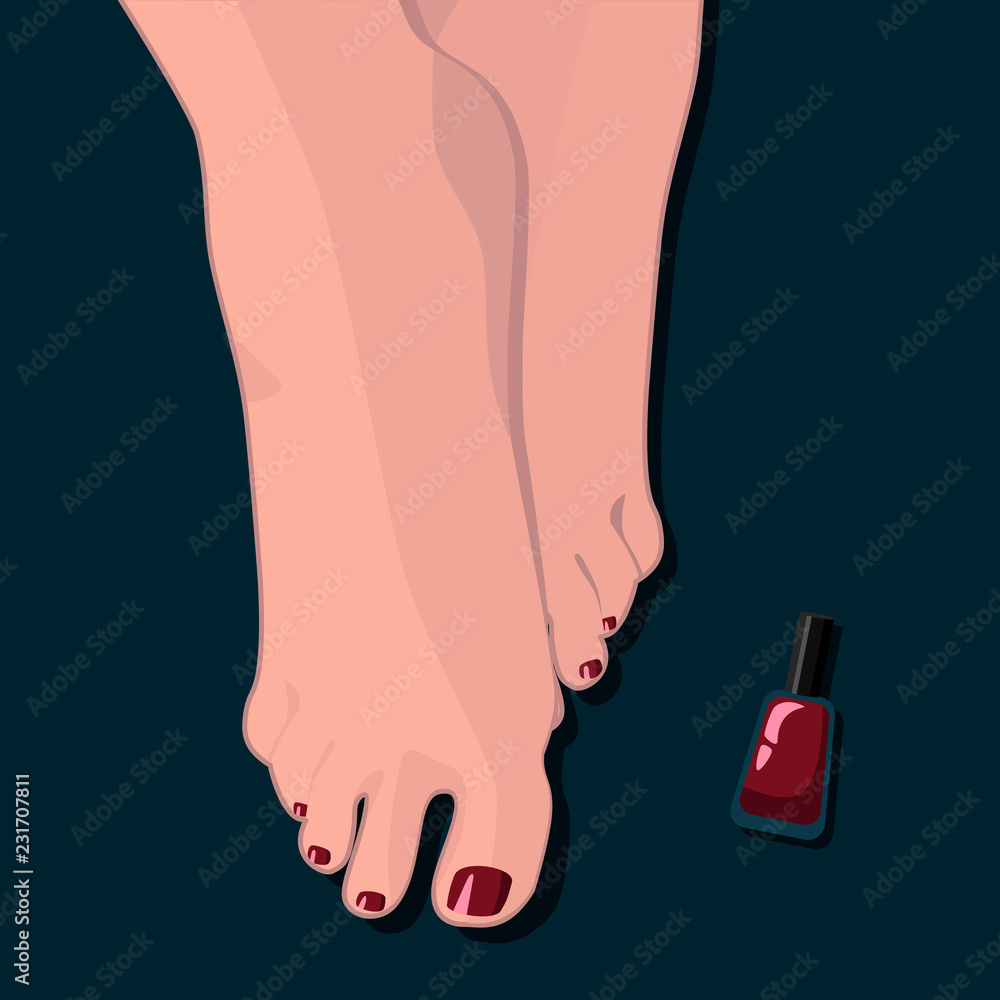 Painted toenails. Pedicure. Burgundy nail polish. Vector illustration ...