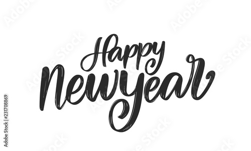 Vector illustration. Handwritten textured brush ink lettering of Happy New Year on white background