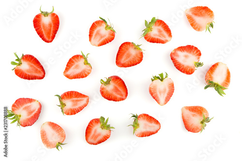 Fototapeta Naklejka Na Ścianę i Meble -  Top view of Spread sliced strawberries fruit isolated on white background.