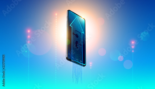 5g digital network symbol on screen modern smartphone on background clear heavens and luminous signal lte of iot devices. The arrow showing hi-speed of internet connection. LTE wireless technology