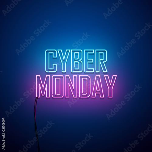 Cyber Monday background. Neon sign. Vector illustration. 