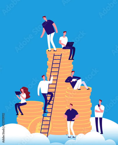 Cryptocurrency concept. Altcoin tokens pile with people investors. Crypto mining and bitcoin exchange vector background. Profit stack coins, gold currency illustration