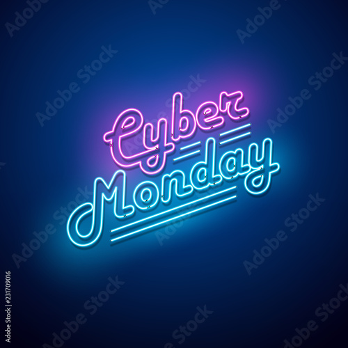 Cyber Monday background. Neon sign. Vector illustration. 