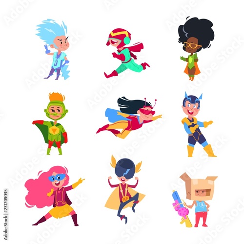 Superhero kids. Children wearing in superheroes costumes. Carton cosplay vector characters set. Illustration of superhero costume for boy and girl