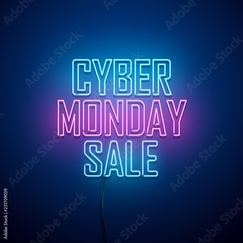 Cyber Monday background. Neon sign. Vector illustration. 