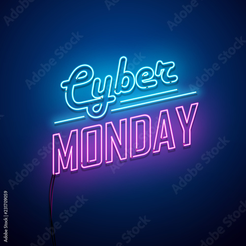 Cyber Monday background. Neon sign. Vector illustration. 
