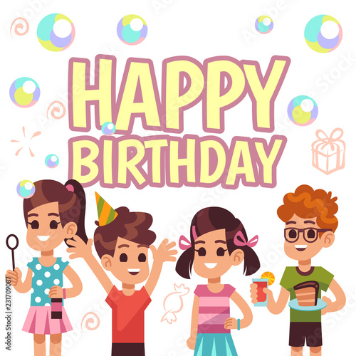 Kids birthday poster. Children on celebration party. Vector invitation background. Happy birthday invitation, greeting teenager illustration