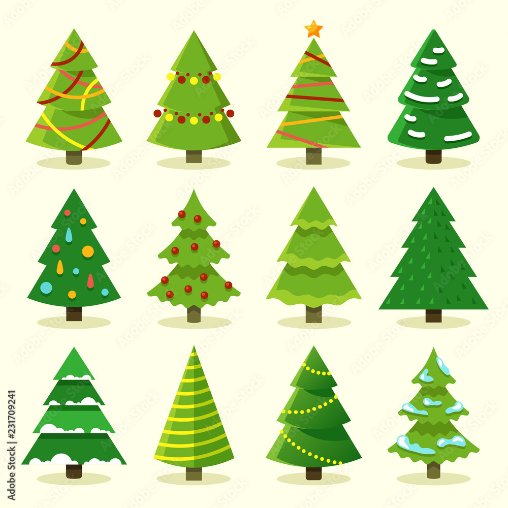 Winter colorful cartoon Christmas tree vector set. Tree christmas for holiday, green pine with garland illustration