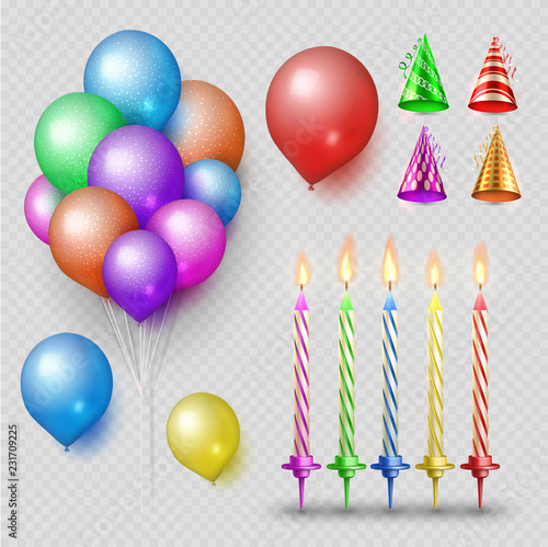 Party accessorises vector set. Realistic candles, balloons and party hats isolated on transparent background. Illustration of candle and entertainment hat
