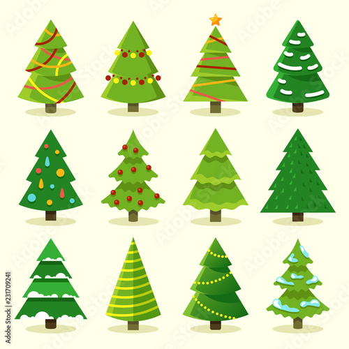Winter colorful cartoon Christmas tree vector set. Tree christmas for holiday, green pine with garland illustration
