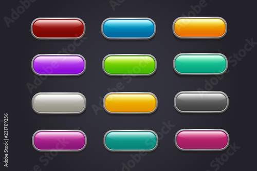 Game buttons. Glossy cartoon video game button vector collection. Interface game buttons menu, glossy app illustration