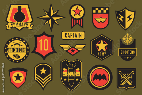 Army badges. Usa military patches and airborne labels. American soldier chevrons with typography and star vector set. Illustration of armed shield and emblem, army and military patch photo